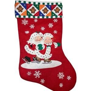 Vintage Santa & Mrs. Santa Claus Christmas Stocking 1999 Skating 22” Tall  Felt